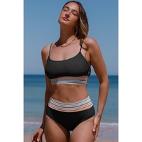 Black Striped Patchwork Spaghetti Strap High Waist Bikini Swimsuit - S thumbnail