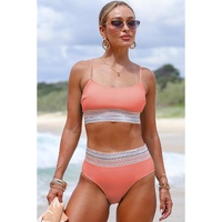 Peach Blossom Striped Patchwork Spaghetti Strap High Waist Bikini Swimsuit - M thumbnail