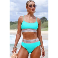 Turquoise Striped Patchwork Spaghetti Strap High Waist Bikini Swimsuit - L thumbnail