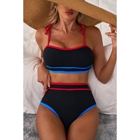 Black Triple Color Trimmed High Waist Bikini Set - XL thumbnail