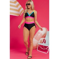 Black Color Block Drawstring Side V Neck High Waist Bikini Set - S thumbnail