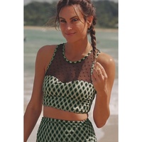 Green Dotted Mesh Plaid Patchwork High Waisted Bikini - L thumbnail