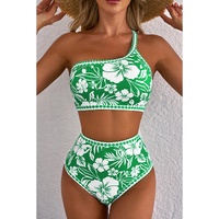Green Floral Print One Shoulder High Waist Bikini Set - L thumbnail