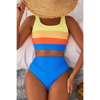 Blue Colorblock Square Neck Top Pleated High Waisted Bikini - S thumbnail