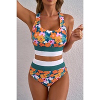 Green Floral Print Racerback Cutout High Waist 2pcs Bikini - L thumbnail