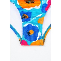 Sky Blue Orange Adjustable Straps Ribbed Knit One Piece Swimsuit - S thumbnail