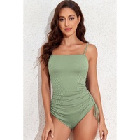 Laurel Green Ribbed Drawstring Sides Cutout One Piece Swimsuit - L thumbnail