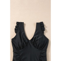 Black Ruffled Trim Ruched One Piece Bathing Suit - M thumbnail