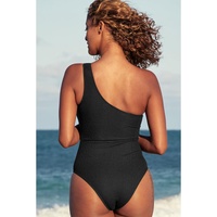Black Ribbed One Shoulder Hollowed One Piece Swimsuit - M thumbnail