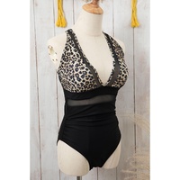 Brown Leopard Mesh Insert V Neck High Waist Monokini - S thumbnail