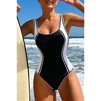 Black Color Block Ric Rac Trim U Neck One Piece Swimsuit - M thumbnail