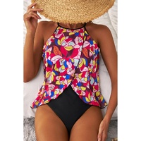 Purple Floral Print O Neck Open Back One Piece Swimsuit - L thumbnail