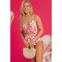 Red Floral Ruffle Trim Cutout Knotted One Piece Swimsuit - XL thumbnail