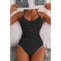 Black Ric Rac Trim Contrasted Patchwork Cutout One Piece Swimsuit - L thumbnail