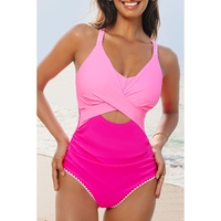 Rose Red Ric Rac Trim Contrasted Patchwork Cutout One Piece Swimsuit - S thumbnail