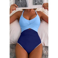 Beau Blue Ric Rac Trim Contrasted Patchwork Cutout One Piece Swimsuit - S thumbnail