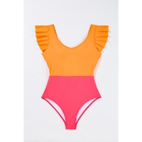 Vitality Orange Color Block Ruffled Knotted Backless One Piece Swimsuit - L thumbnail