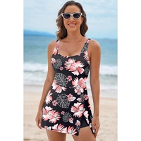 Black Floral Print Twisted Hollowed Back Swim Dress - 2XL thumbnail