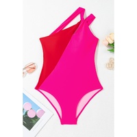 Rose Red Knotted One Shoulder Two Tones Backless One Piece Swimsuit - L thumbnail