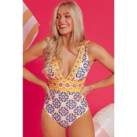 Yellow Floral Print V Neck One Piece Swimsuit - S thumbnail