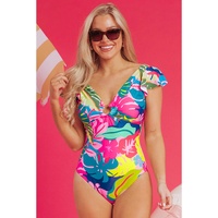Green Tropical Print V Neck Tied Backless One Piece Swimsuit - S thumbnail