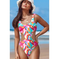 Purple Abstract Geometry Print Daring Cutout Reversible One Piece Swimsuit - 2XL thumbnail