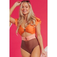 Orange Ruffle Sleeve Tricolor Cutout Front Ring One Piece Swimsuit - L thumbnail