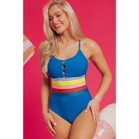 Prussian Blue Contrast Stripe Accent Crisscross One Piece Swimwear - L thumbnail