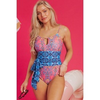 Blue Geometric Print Hollow Out Knotted Waist One Piece Swimsuit - L thumbnail