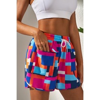 Rose Geometric Printed Drawstring Waist Beach Shorts with Pockets - L thumbnail