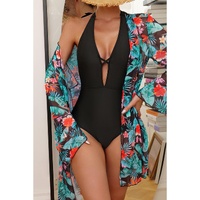 Black Halter Neck Monokini with Floral Beach Cover Up - L thumbnail