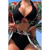 Black 3pcs Tropical Contrast Trim Halter Bikini Set with Cover up - S thumbnail