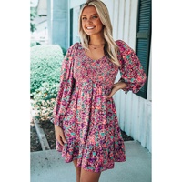 Purple Smocked V Neck Puffy Sleeve Floral Dress - M thumbnail