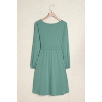 Green Button Up High Waist Long Sleeve Dress - S thumbnail