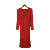 Fiery Red Long Sleeves Wrap V Neck Ruched Sheath Bodycon Dress - XL thumbnail