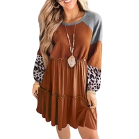 Brown Waffle Knit Leopard Patchwork Long Sleeve Dress - S thumbnail