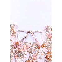 White Floral Print Bow Knot Backless Square Neck Mini Dress - S thumbnail