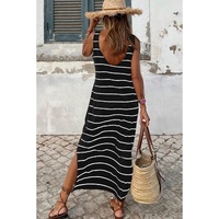 Black Stripe Print Open Back Sleeveless Maxi Dress with Slits - M thumbnail