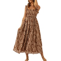 Brown Ruffled Straps Smocked Floral Maxi Dress - L thumbnail