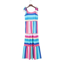 Multicolor Color Block Striped Bow Knot Straps Maxi Dress - M thumbnail