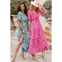 Pink Paisley Print Boho Holiday Ruffle Tiered Maxi Dress - L thumbnail