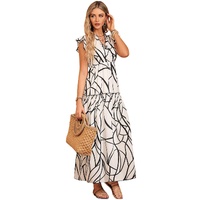 White Abstract Vein Print V Neck Ruffle Maxi Dress - XL thumbnail