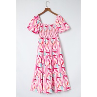 Pink Brush Stroke Printed Smocked Ruffle Tiered Dress - S thumbnail