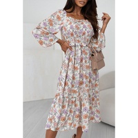 Azura Exchange Multicolor Floral Smocked Long Sleeve Pocketed Dress - L thumbnail