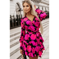 Rose Floral Print V Neck Wrap Bishop Sleeve Ruffle Tiered Mini Dress - M thumbnail