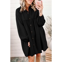 Azura Exchange Black Patchwork Crinkle Puff Sleeve Shirt Dress - L thumbnail