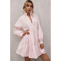 Pink Frilled Stand Collar Long Sleeve Ruffle Dress - L thumbnail