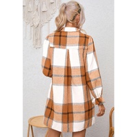 Khaki Plaid Pattern Collared Neck Ruffled Sleeve Shirt Dress - S thumbnail