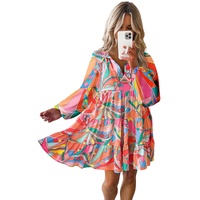 Multicolor Geometric Print Split Neck Ruffle Tiered Mini Dress - S thumbnail