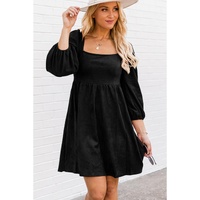 Black Suede Square Neck Puff Sleeve Dress - L thumbnail